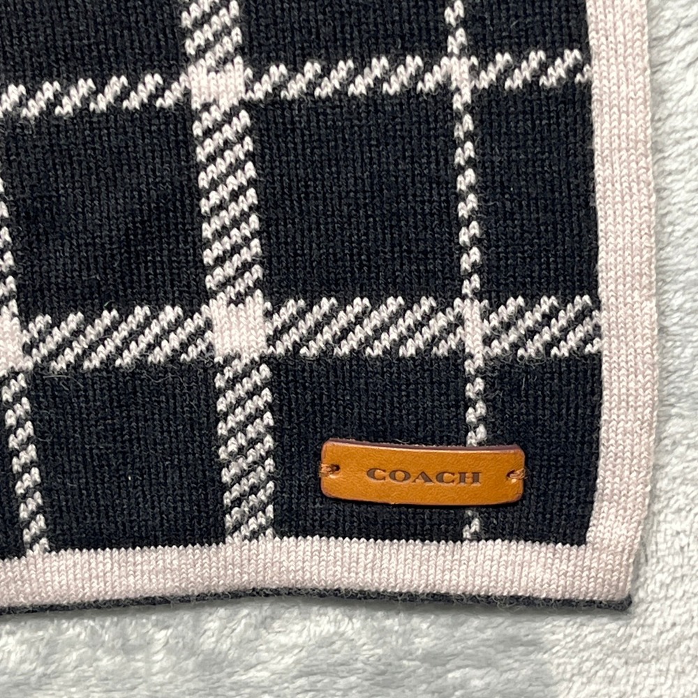 Coach Scarf Black Ivory Reversible Plaid Wool Cotton Knit Leather Logo - Picture 2 of 16